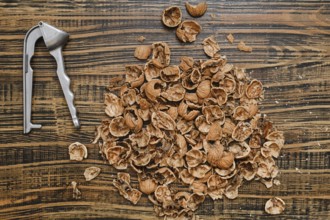 Brown nut shells are spread out on a textured wooden surface, alongside a silver nutcracker. It