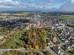 Aerial view, panorama of the city of Messkirch with Messkirch Castle and Castle of the Counts of