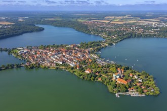 Aerial view over Ratzeburger Dom, late Brick Romanesque cathedral in the town Ratzeburg and the