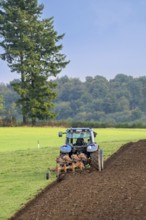 Tractor with plough, agricultural ploughing machine working on a field in autumn, fall in the