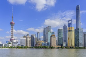Huangpu River and Lujiazui skyline with skyscrapers, Shanghai Tower and Oriental Pearl Tower in