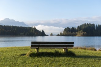Wooden bench in front of a quiet lake with wooded landscape and mountains in the background, soft