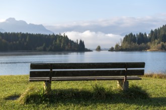 Wooden bench looking at a lake surrounded by wooded banks and mountain scenery, in warm morning