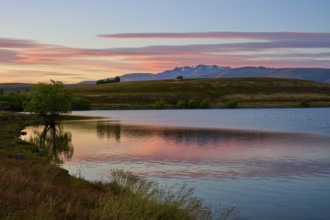 Reflecting lake with mountains in the background at sunrise with pink sky, Lake McGregor, Tekapo,