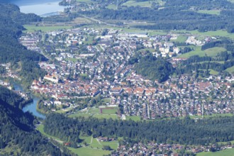 Panorama from Tegelberg, 1881m, on Füssen with historic old town, the Lech and behind it the