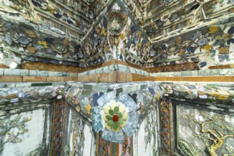 Central Prang of Wat Arun, decorated with colorful ceramic and porcelain ornaments, Thonburi,