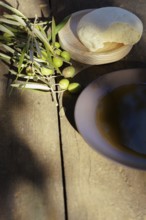 Freshly picked olive branches, extra virgin olive oil, and rustic bread on a wooden table,