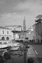 Marina and old town of Piran, black and white photo, Adriatic, Mediterranean, Piran, Istria,