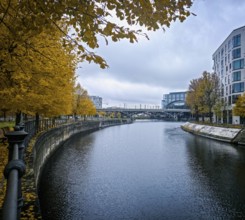 View along a quiet canal, lined with glowing yellow autumn trees and modern architecture, under a
