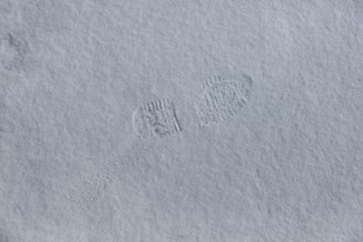 Closeup of boot footprint in snow in spring, Suomusjärvi kirkonkylä, Finland