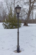Lamp posti in park in cloudy winter weather with snow on the ground, Mustio, Finland