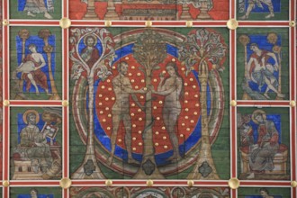 Painted wooden ceiling from the 13th century in the central nave of the nave depicting the Yesse