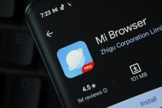 Dhaka, Bangladesh- 16 Oct 2025: Mi Browser app from Google Playstore is displayed on a smartphone