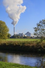 Nordzucker AG sugar factory, smoking chimney during the autumn harvest of sugar beets in the