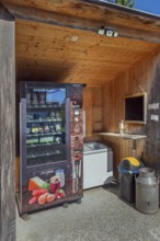 Holzhütte mit Regiomat, vending machine for groceries in Maria-Thann, Allgäu, Swabia, Bayern,