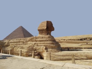 A close-up of the Great Sphinx, the symbol of the mythological deity of Ancient Egypt. The majestic