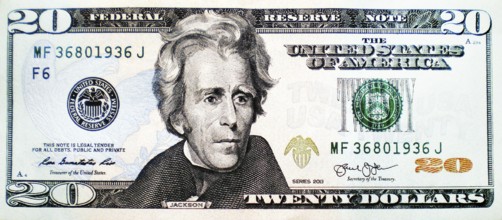 The $20 paper banknote is issued by the US Federal Reserve. It features Andrew Jackson (1829-1837),