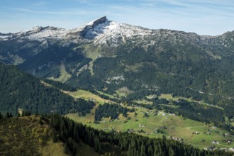 View of Hirschegg and the Kleinwalsertal valley, in the back of Hoher Ifen, Allgäu Alps,