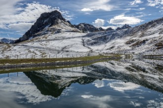 Kanzelwand is reflected in the reservoir, Kanzelwand snow-making pond, mountains of the Allgäu Alps