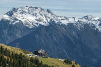 View of Nebelhorn, in the middle of Schlappoldsee station of the Fellhorn Railway, Oberstdorf,
