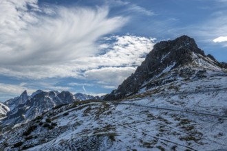 Right pulpit wall, back left mountains of the Allgäu Alps, cloud formation, Vorarlberg, Austria