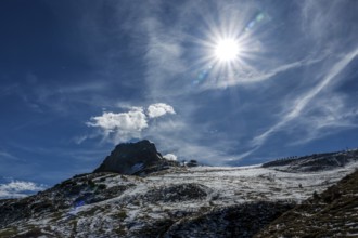 Right pulpit wall, back left mountains of the Allgäu Alps, back light, cloud formations,