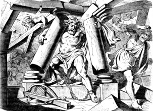 Samson breaks the pillars and dies with the princes and the people, God, wrath, shackles, chain,