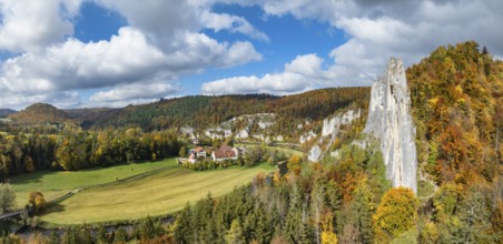 Aerial view, panorama of Käppeler estate with the St. George's Basilica near Thiergarten in the