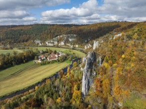 Aerial view of Käppeler Manor with St. George's Basilica near Thiergarten in the Upper Danube