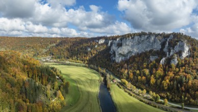 Aerial view, panorama of the Upper Danube Valley, surrounded by autumn vegetation, Sigmaringen