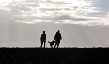 Couple with dog walking across a dike on the Baltic Sea, Fehmarn, 16.10.2025, Fehmarn,