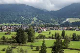 View of Oberstdorf, back right ski jumping hills of the Orlen Arena, Oberallgäu, Allgäu, Bavaria,