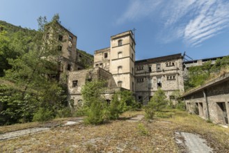 Abandoned building overgrown by vegetation under blue sky, showing signs of weathering and