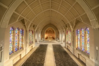 Church, chapel, glass, stained glass, mosaic, bright, altar, empty, deserted, deserted, symmetry,