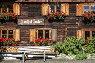 Wooden façade of Gasthof Laiter, Stillachtal, Oberstdorf, Oberallgäu, Allgäu, Bavaria, Germany