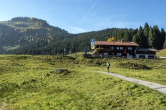 Female hiker on hiking trail in front of Berggasthof Hochleite, near Schwand, Stillachtal,