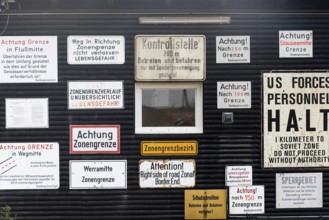 Historical signs on the former zone border, Schifflersgrund border museum, memorial, GDR barriers,