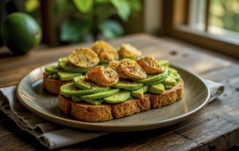 This appetizing breakfast features fresh avocado slices and fried egg on toasted bread, perfect for