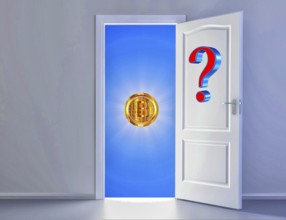 Symbolic image, Bitcoin with question mark, stock prices, uncertain digital currency, resources,