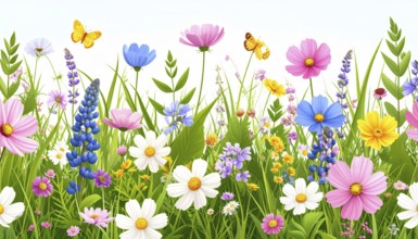Vibrant wildflowers and grass create a colorful and joyful floral pattern, Variety of wild flowers,