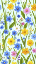 Vibrant wildflowers and grass create a colorful and joyful floral pattern, Variety of wild flowers,