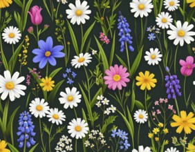 Vibrant wildflowers and grass create a colorful and joyful floral pattern, Variety of wild flowers,