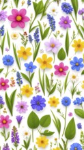 Vibrant wildflowers and grass create a colorful and joyful floral pattern, Variety of wild flowers,