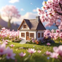 A miniature house surrounded by blooming cherry blossoms and warm sunlight, creating a peaceful and
