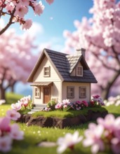 A miniature house surrounded by blooming cherry blossoms and warm sunlight, creating a peaceful and