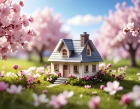A miniature house surrounded by blooming cherry blossoms and warm sunlight, creating a peaceful and