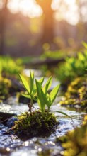Beautiful spring detailed stream of fresh water, vibrant blooming young green plants, wallpaper