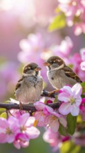 Small funny Sparrow Chicks sit in the garden surrounded by pink Apple blossoms on a Sunny may day,