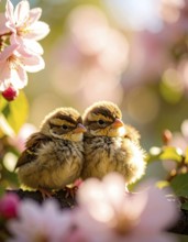 Small funny Sparrow Chicks sit in the garden surrounded by pink Apple blossoms on a Sunny may day,