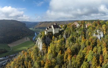 Aerial view of Werenwag Castle and former Werenwag Castle on a rocky spur in the Upper Danube